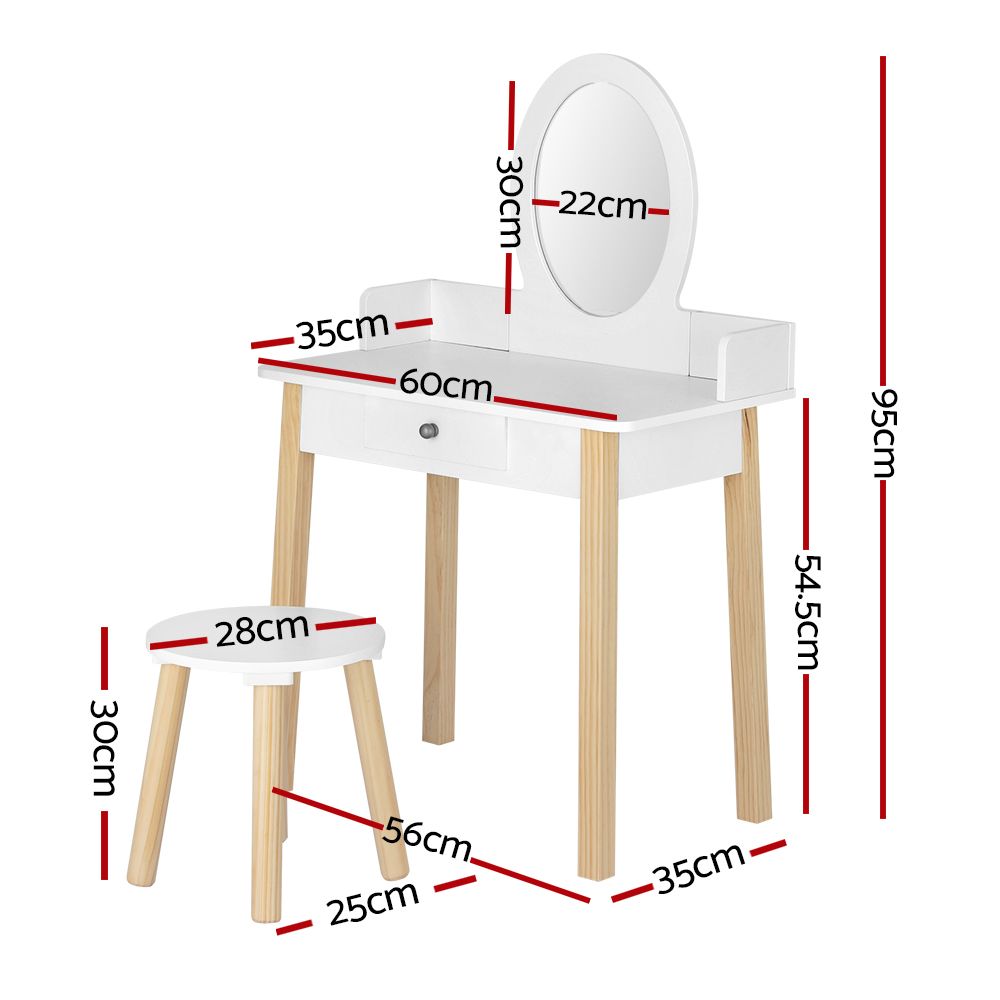 Kids Dressing Table and Stool Set, Wooden Legs, White