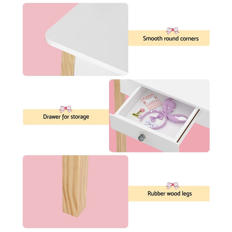 Kids Dressing Table and Stool Set, Wooden Legs, White