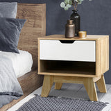 Artiss IKER Bedside Table with 1 Drawer and Shelf — White and Oak — Allure Home Collections