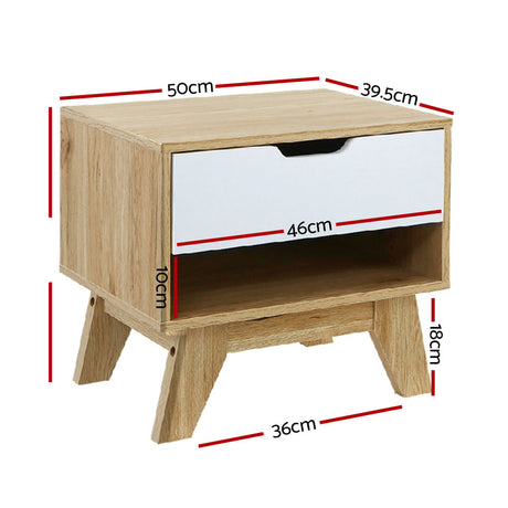Artiss IKER Bedside Table with 1 Drawer and Shelf — White and Oak — Allure Home Collections