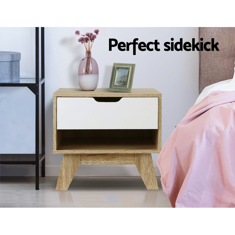 Artiss IKER Bedside Table with 1 Drawer and Shelf — White and Oak — Allure Home Collections
