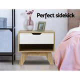 Artiss IKER Bedside Table with 1 Drawer and Shelf — White and Oak — Allure Home Collections