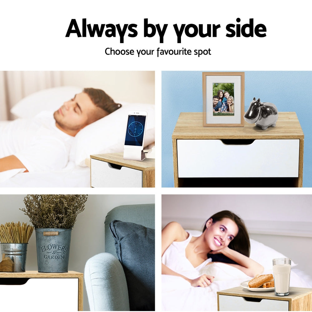 Artiss IKER Bedside Table with 1 Drawer and Shelf — White and Oak — Allure Home Collections