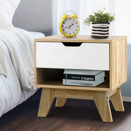 Artiss IKER Bedside Table with 1 Drawer and Shelf — White and Oak — Allure Home Collections