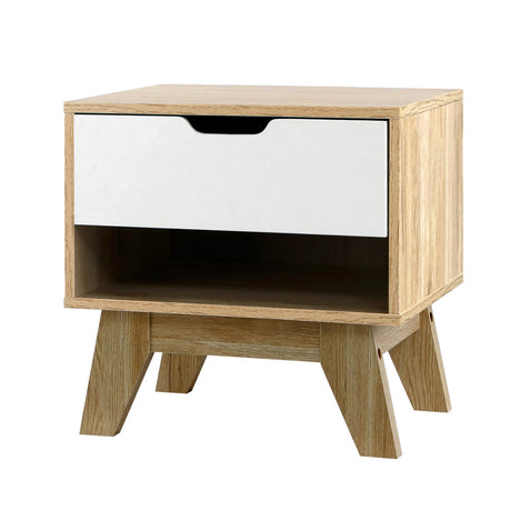 Artiss IKER Bedside Table with 1 Drawer and Shelf — White and Oak — Allure Home Collections