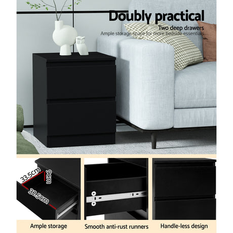 Alstonville 2 Drawer Bedside Table, Black