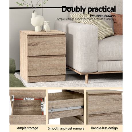Alstonville 2 Drawer Bedside Table, Oak 2pcs