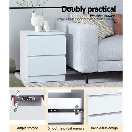 Alstonville 2 Drawer Bedside Table, White 2pcs