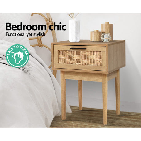 Artiss Rattan Drawer Bedside Table Nightstand in Natural Wood — Allure Home Collections
