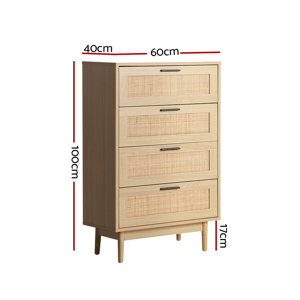Artiss BRIONY 4-Drawer Rattan Tallboy in Pine — Allure Home Collections