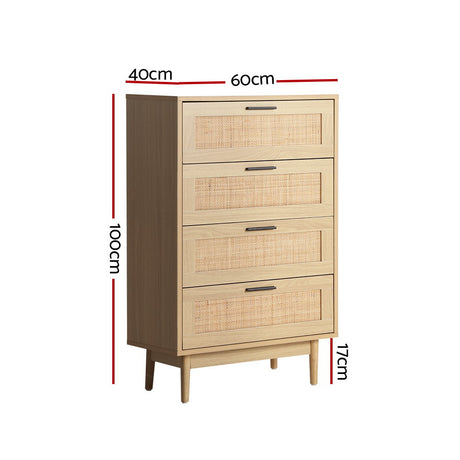 Artiss BRIONY 4-Drawer Rattan Tallboy in Pine — Allure Home Collections