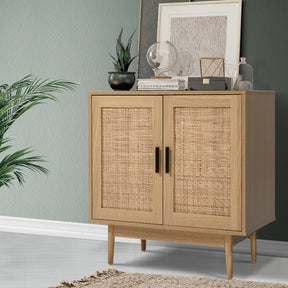 Lillehammer oak rattan sideboard with two woven doors in a living room
