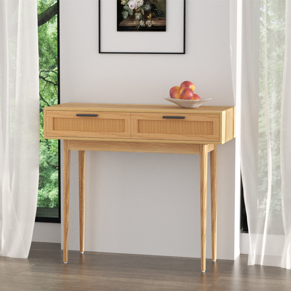 Artiss Console Table with 2 Rattan Drawers — Eucalyptus Legs, 15mm Particle Board — Allure Home Collections