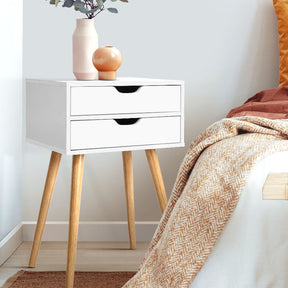 Guarda white Scandinavian bedside table with splayed legs and two drawers