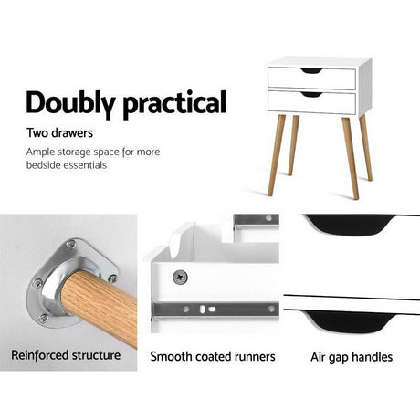 Artiss BODIE Bedside Table with 2 Drawers in White — Scandinavian Design — Allure Home Collections
