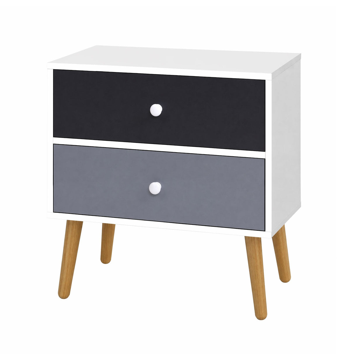 Dunoon black and white two tone two drawer bedside table with splayed legs in a bedroom