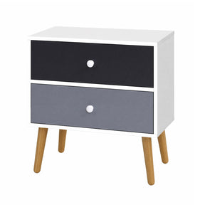 Dunoon black and white two tone two drawer bedside table with splayed legs in a bedroom
