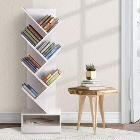 Totnes white 7 tier tree shaped bookshelf in a living room