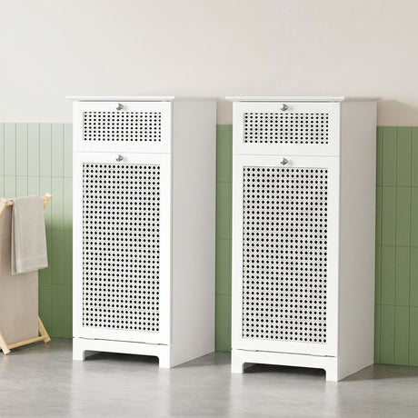 Tarpeena Rattan Laundry Hamper Bathroom Cabinet, White 2pcs image 7