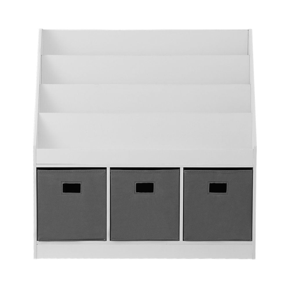 White and grey 4 tier kids bookshelf with three non woven storage bins