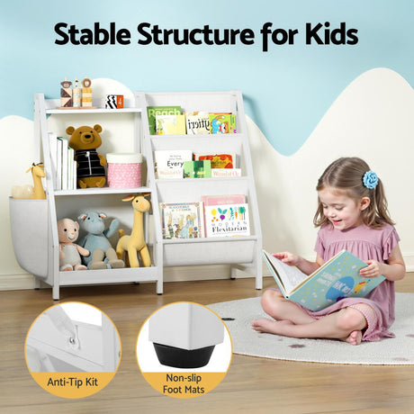 Kids Bookshelf with Sling Book Racks, 3 Tier White