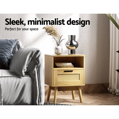 Artiss REI Rattan Bedside Table with 1 Drawer and Open Shelf in Oak — Allure Home Collections