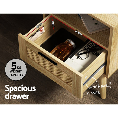 Artiss REI Rattan Bedside Table with 1 Drawer and Open Shelf in Oak — Allure Home Collections
