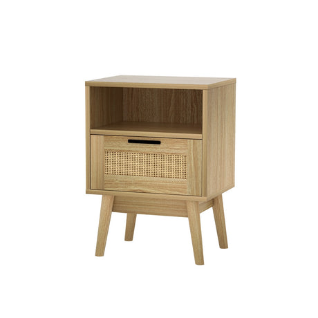 Artiss REI Rattan Bedside Table with 1 Drawer and Open Shelf in Oak — Allure Home Collections