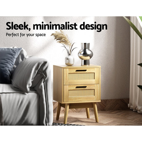 Artiss RIE Rattan Bedside Table with 2 Drawers in Oak — Allure Home Collections