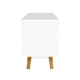 Perth 120cm white and wood Scandinavian TV cabinet with splayed legs in a modern living room
