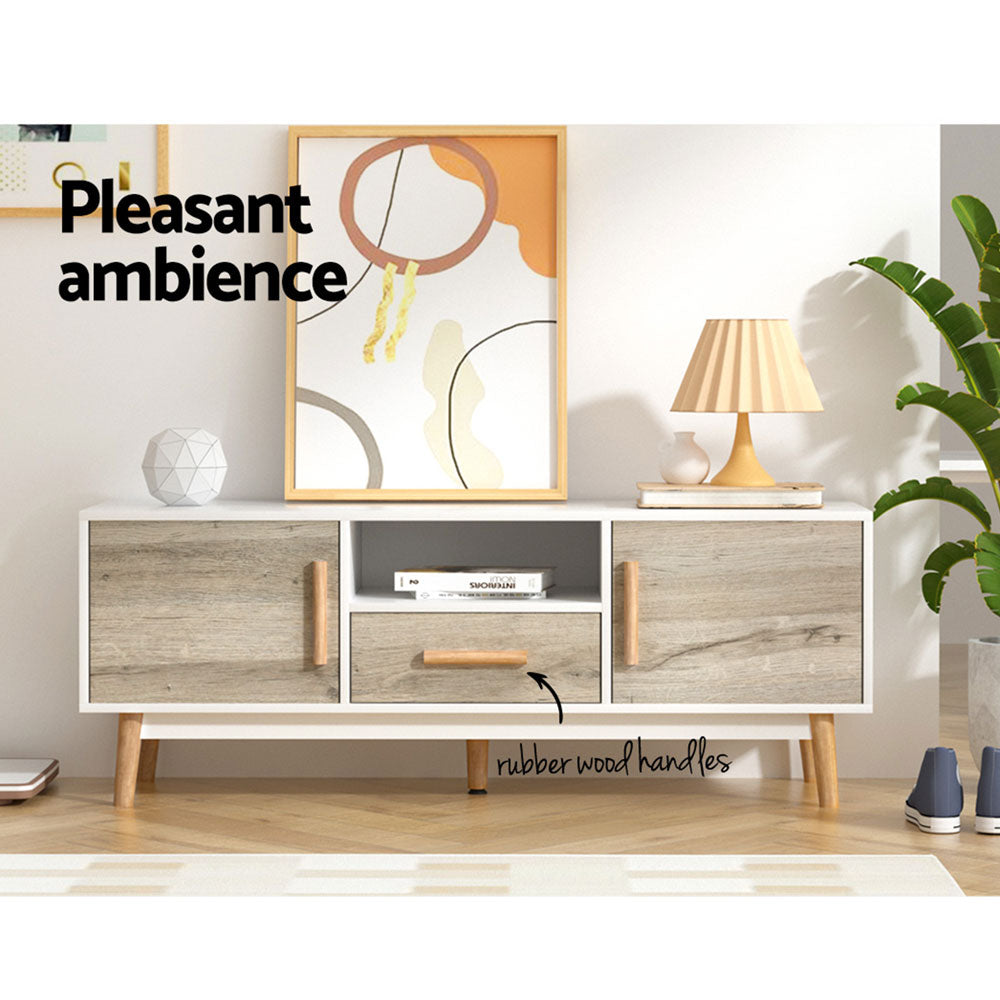 Perth 120cm white and wood Scandinavian TV cabinet with splayed legs in a modern living room
