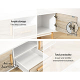 Perth 120cm white and wood Scandinavian TV cabinet with splayed legs in a modern living room