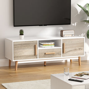 Perth 120cm white and wood Scandinavian TV cabinet with splayed legs in a modern living room