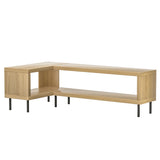 Wynyard pine L shaped corner TV cabinet with powder coated metal legs in a modern living room