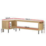 Wynyard pine L shaped corner TV cabinet with powder coated metal legs in a modern living room