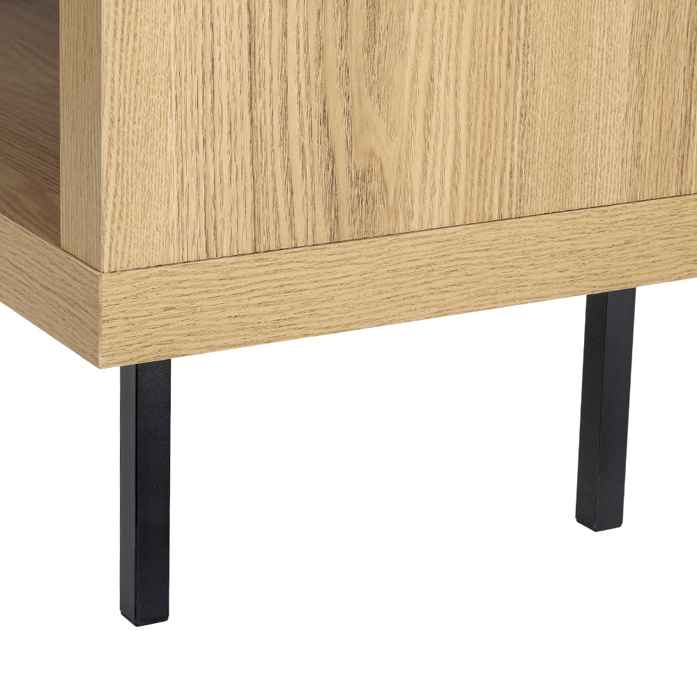 Wynyard pine L shaped corner TV cabinet with powder coated metal legs in a modern living room