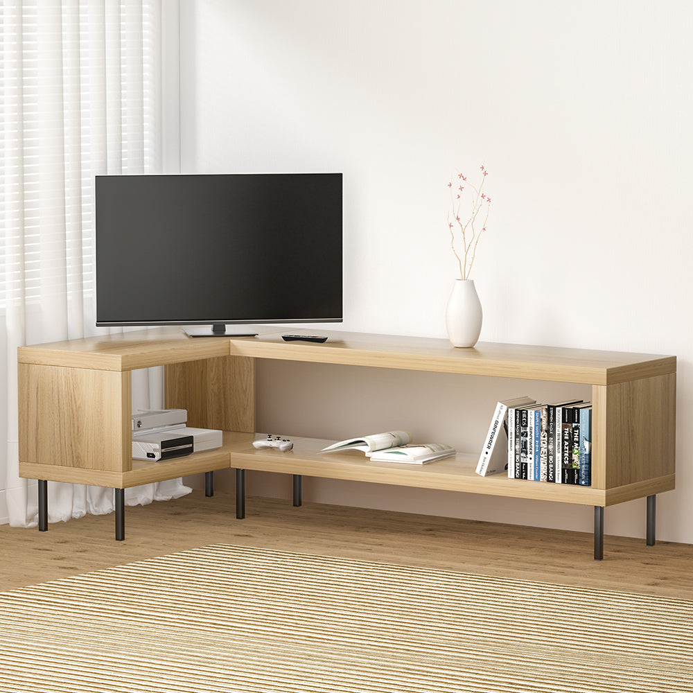 Wynyard pine L shaped corner TV cabinet with powder coated metal legs in a modern living room