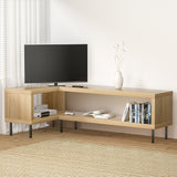 Wynyard pine L shaped corner TV cabinet with powder coated metal legs in a modern living room