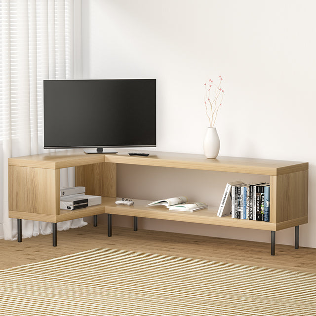 Wynyard pine L shaped corner TV cabinet with powder coated metal legs in a modern living room