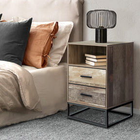 Seia industrial bedside table with metal tube legs, two drawers and open shelf