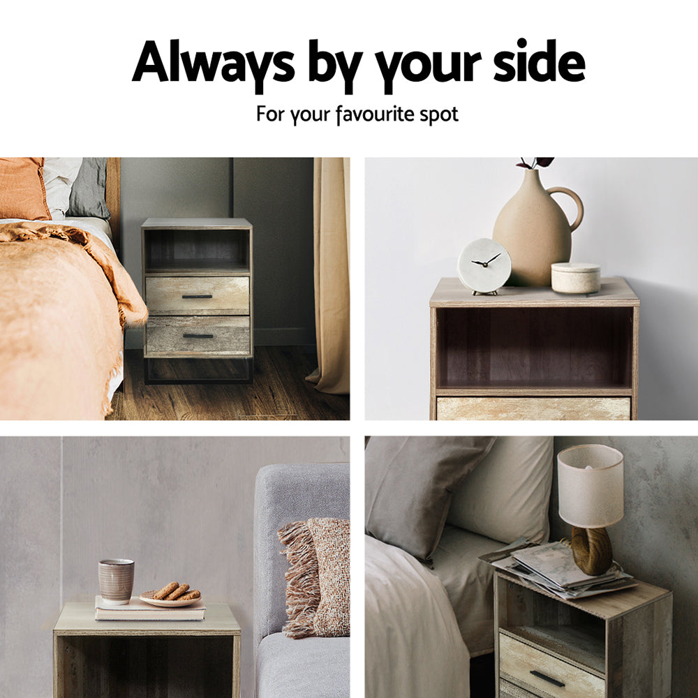 Artiss BADAN Bedside Table with 2 Drawers and Open Shelf — Industrial Style — Allure Home Collections