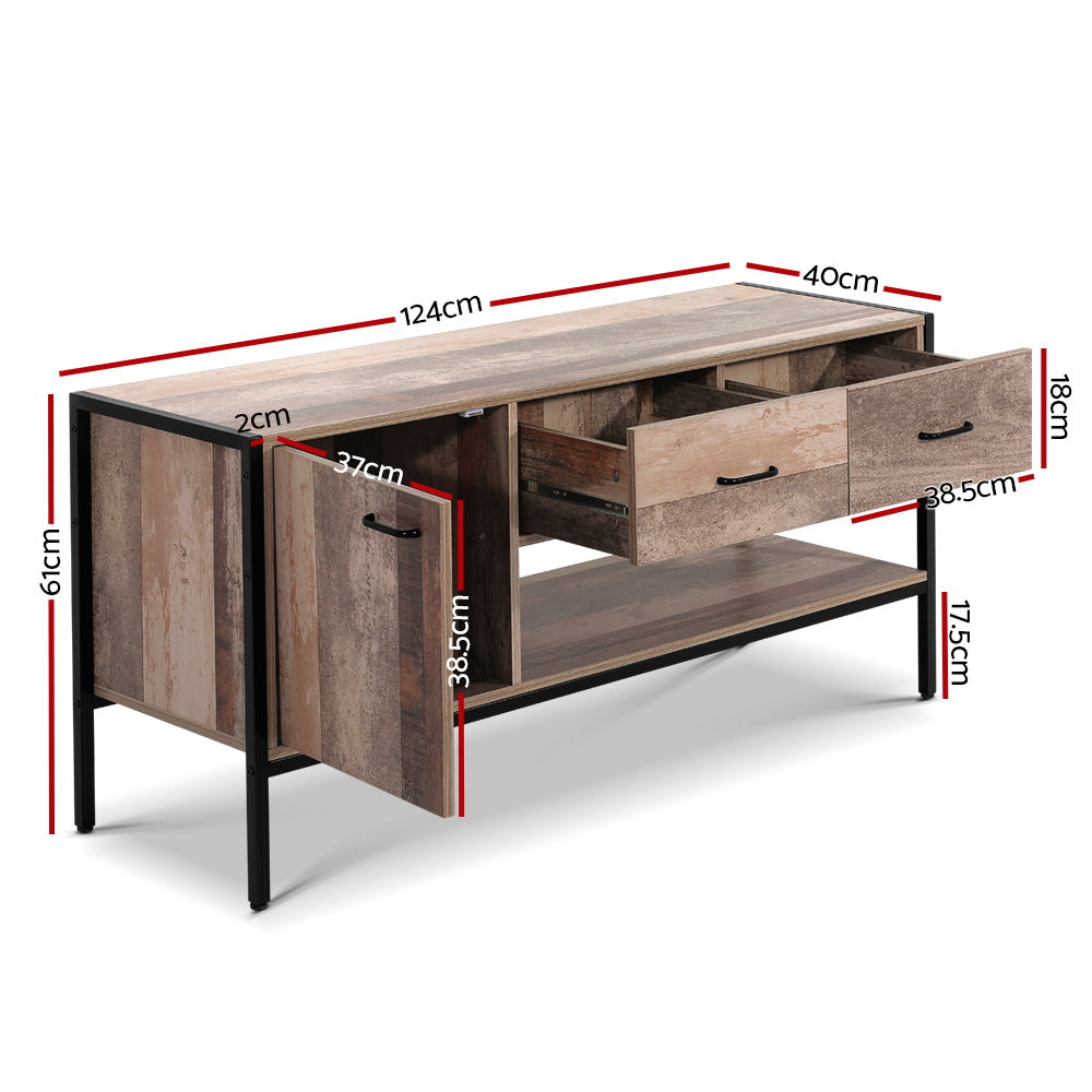 Deloraine 120cm natural industrial entertainment unit with powder coated metal legs in a modern living room