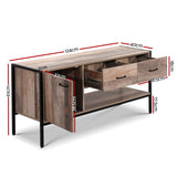 Deloraine 120cm natural industrial entertainment unit with powder coated metal legs in a modern living room