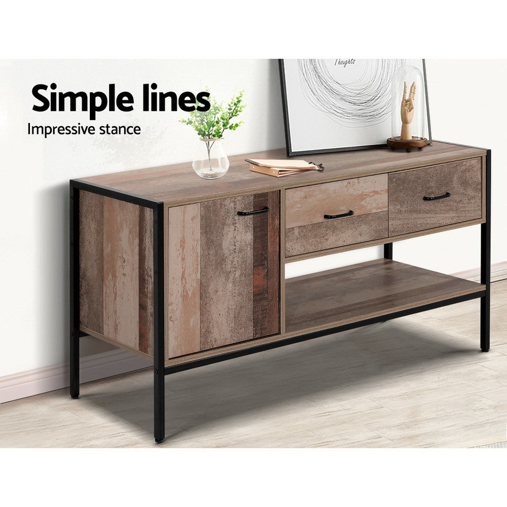 Deloraine 120cm natural industrial entertainment unit with powder coated metal legs in a modern living room