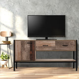 Deloraine 120cm natural industrial entertainment unit with powder coated metal legs in a modern living room