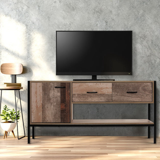 Deloraine 120cm natural industrial entertainment unit with powder coated metal legs in a modern living room