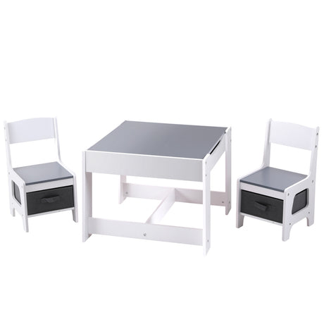 Kids table and two chairs set with chalkboard top and storage in white and grey
