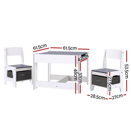 Kids table and two chairs set with chalkboard top and storage in white and grey
