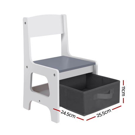 Kids table and two chairs set with chalkboard top and storage in white and grey