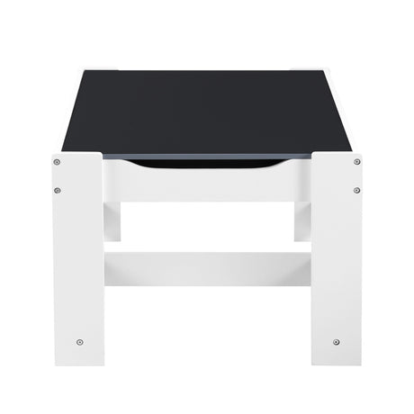 Kids table and two chairs set with chalkboard top and storage in white and grey